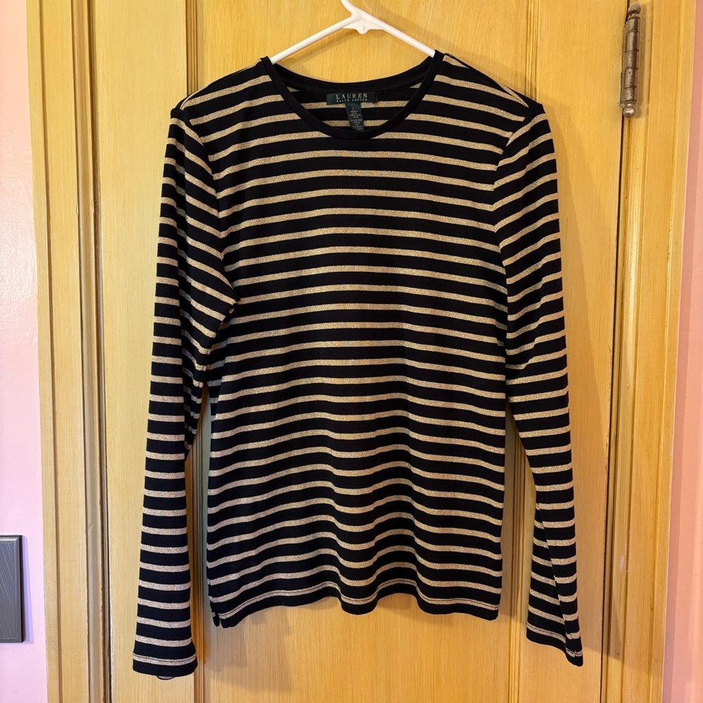 Lauren Ralph Lauren Black and Gold Metallic Striped Long Sleeve T-shirt Size